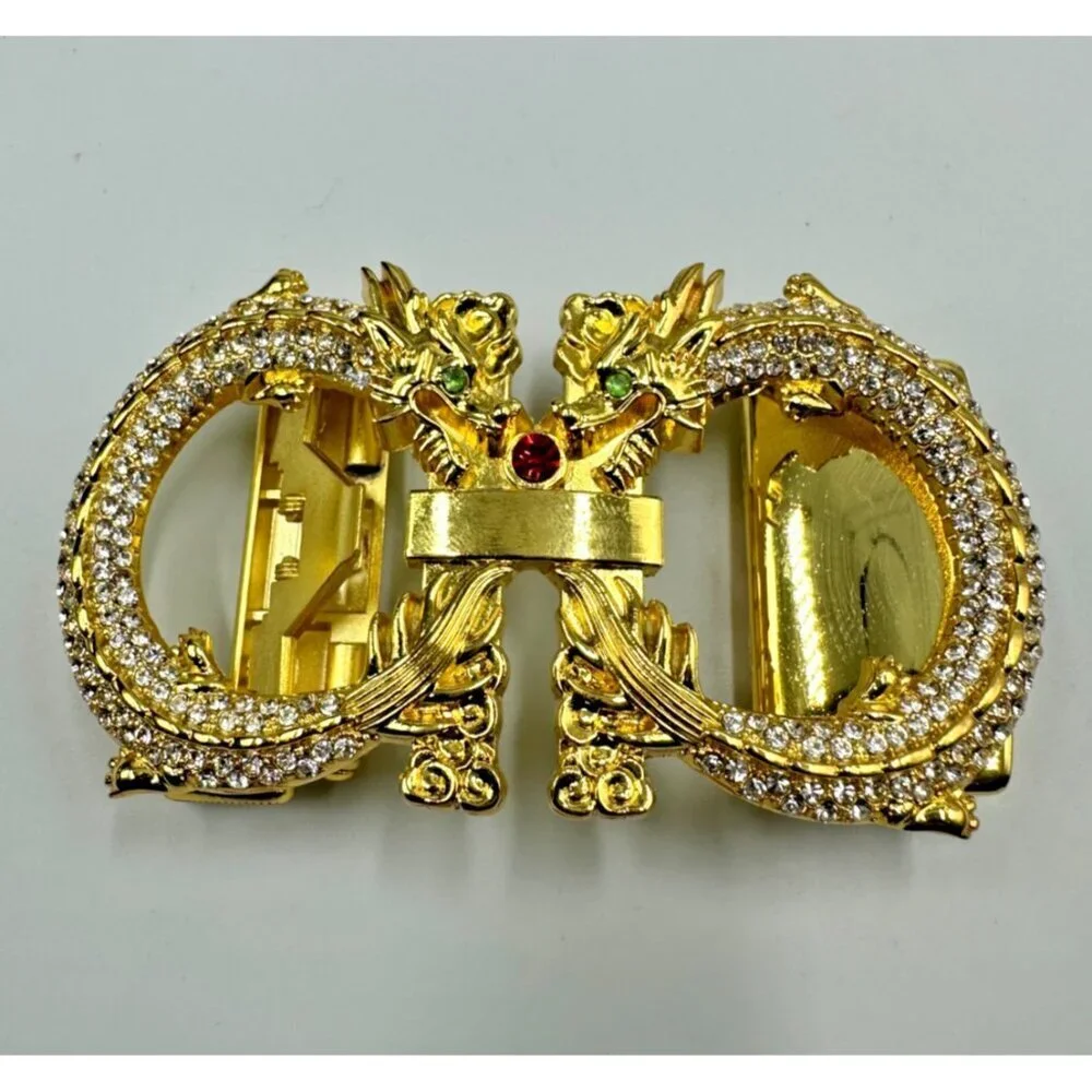 Dragon Rhinestone Ratchet Belt Buckle Gold Tone Automatic Slide Fantasy